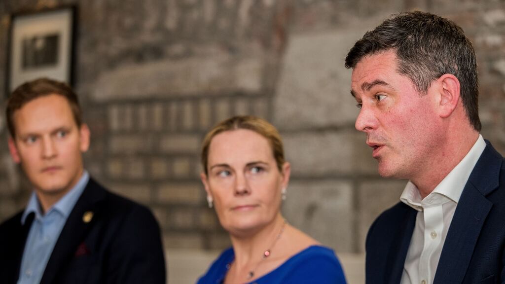 Olympic Federation of Ireland chief executive Peter Sherrard (right), president Sarah Keane and Elämys Group partner Jussi Viskari at the ticketing briefing in Dublin. Photograph: Gary Carr/Inpho