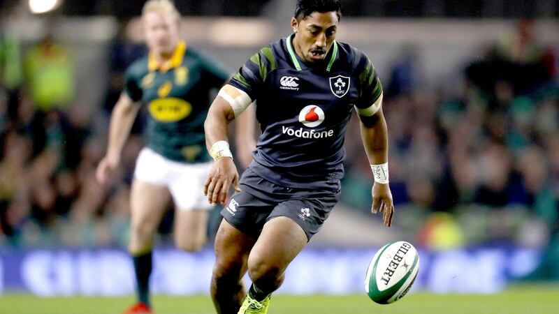 Ireland’s Bundee Aki in action during the the Guinness Series match against South Africa at the Aviva Stadium. Photograph: Dan Sheridan/Inpho