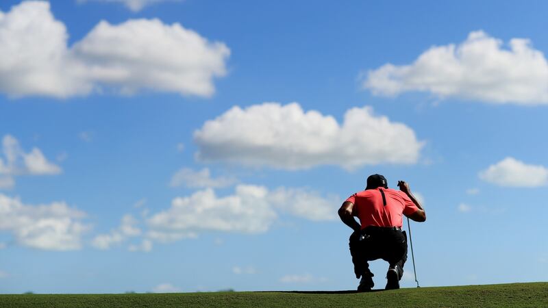 Tiger Woods lines up a putt on the third green. Photograph: Mike Ehrmann/Getty Images