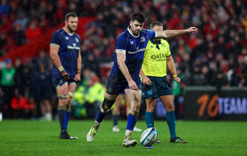 Leinster’s Harry Byrne kicks a penalty with the last kick of the game. Photograph: Ryan Byrne/Inpho