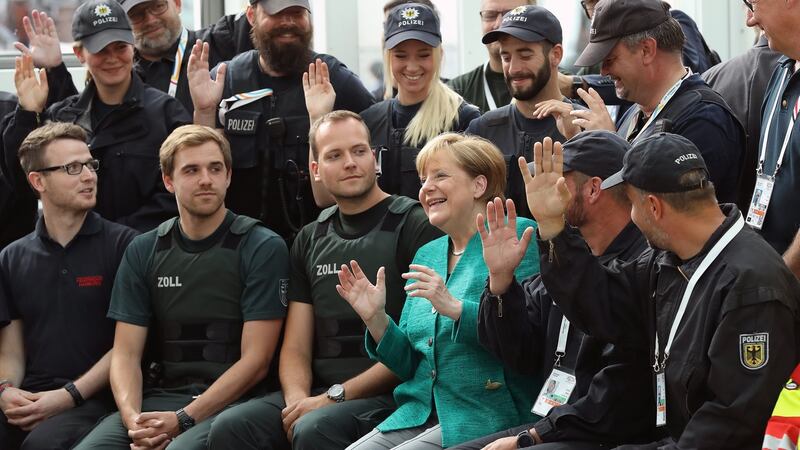German chancellor Angela Merkel  thanks members of German law enforcement and emergency services at the conclusion of the G20 summit in Hamburg. Photograph: Sean Gallup/EPA