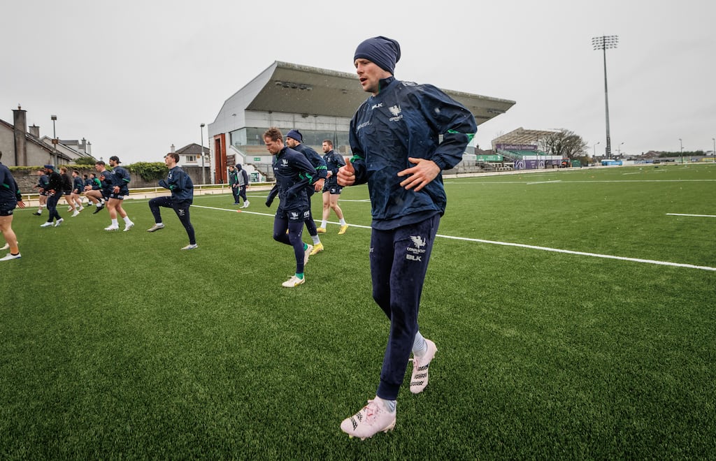 Connacht captain Jack Carty and his team-mates during training at the Sportsground, in Galway, ahead of their crunch match against Cardiff. Photograph: James Crombie/Inpho