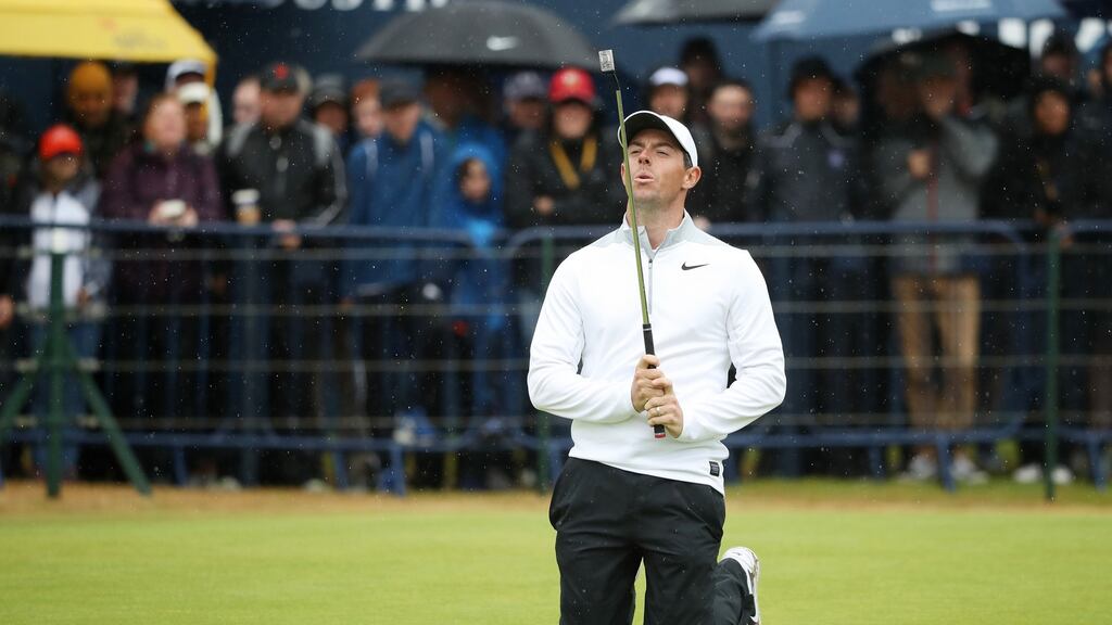 Rory McIlroy reacts after his birdie putt just misses on the 18th hole during the second round of the British Open at Carnoustie. Photograph:  Francois Nel/Getty Images