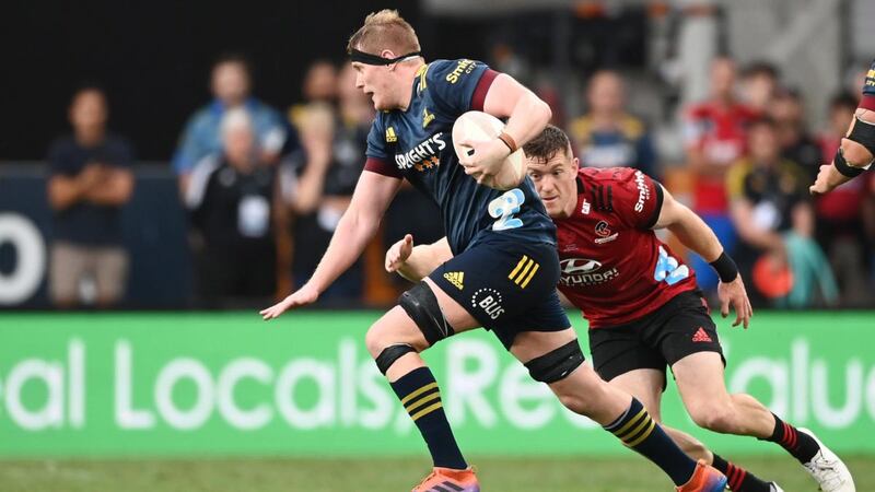 Jack Regan in action for the Highalnders against the Crusaders in the Super Rugby Aotearoa game at Forsyth Barr Stadium in Dunedin. Photograph: Andrew Cornaga/Inpho/Photosport