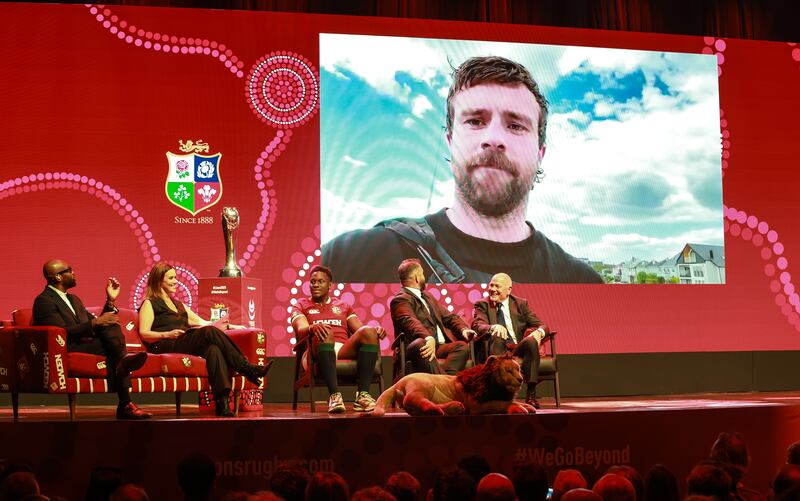 Ireland winger Mack Hansen on the big screen after he was named in the Lions squad in London. Photograph: Dan Sheridan/Inpho