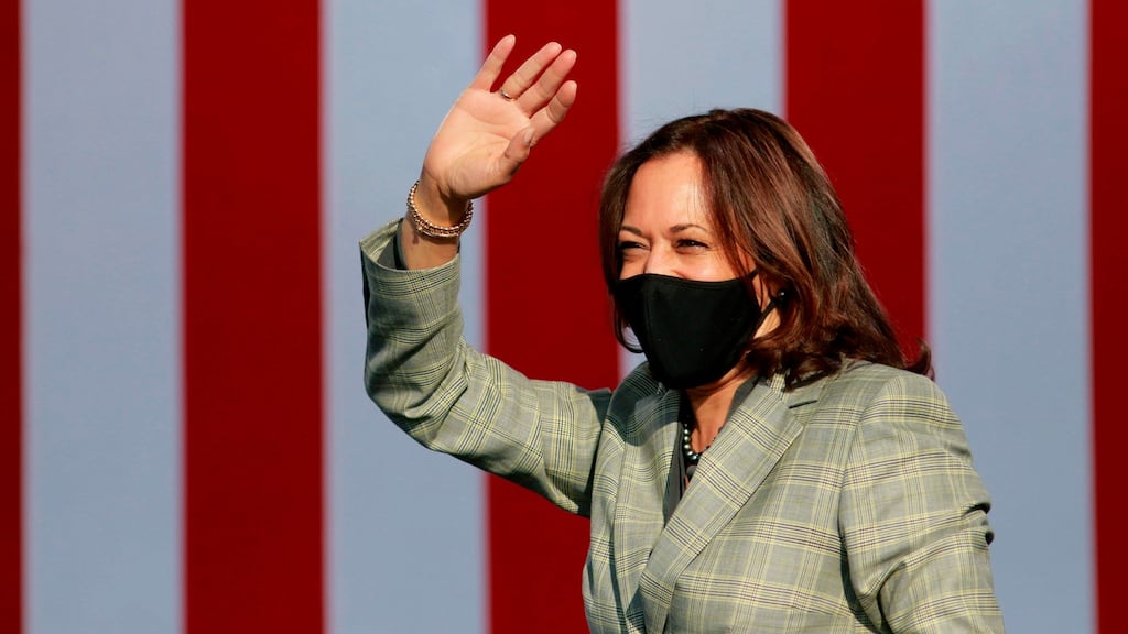 Kamala Harris suspended travel on Thursday, after her communications director tested positive for Covid-19, the campaign said, adding that Harris had not come into “close contact” with the staffer. Photograph: Ronda Churchill/AFP