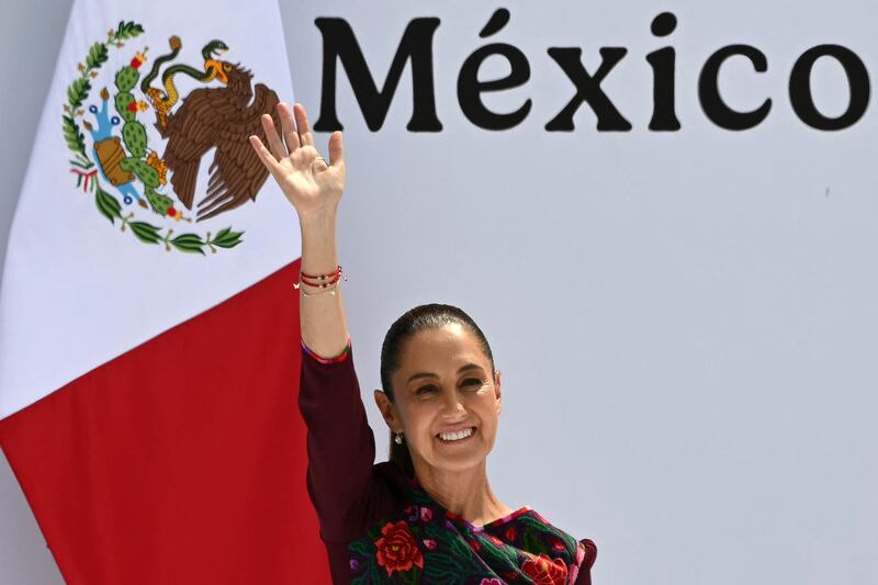 Claudia Sheinbaum  at a rally marking her first year in office. Photograph: Yuri Cortez/AFP via Getty Images