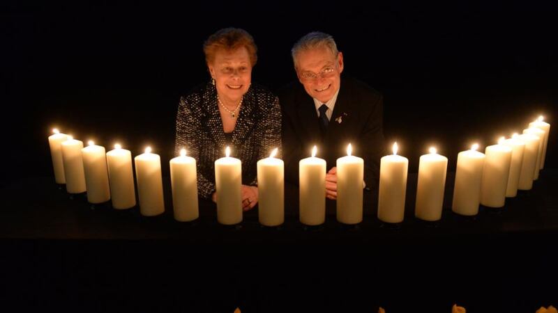 Tomi Reichental and Suzi Diamond, both survivors of Bergen-Belsen, at the national Holocaust Memorial Day commemoration recently in the Mansion House. Photograph: Dara Mac Dónaill