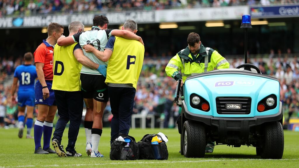 Joey Carbery is taken off the field injured during the Guinness Summer Series match between Ireland and Italy at the Aviva Stadium on Saturday. Photograph: Dan Mullan/Getty Images
