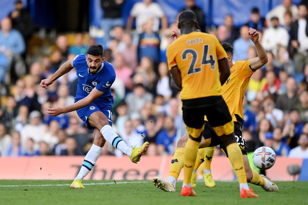 Armando Broja scores Chelsea's third goal during the Premier League match against Wolves at Stamford Bridge. Photograph: Justin Setterfield/Getty Images