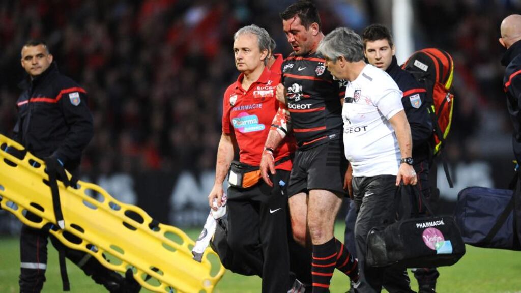 Toulouse centre Florian Fritz leaves the pitch after he was injured during the Top 14 quarter-final rugby union match against Racing Metro earlier this month. He was allowed to return to the game. Photograph: Getty Images