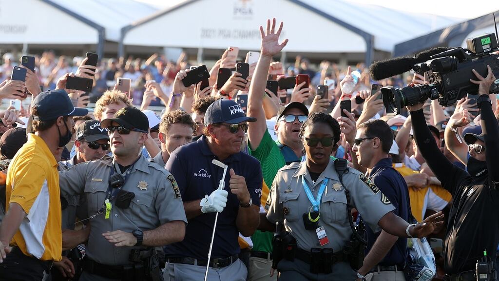 Phil Mickelson is mobbed by spectators at Kiawah Island. Photograph: Patrick Smith/Getty