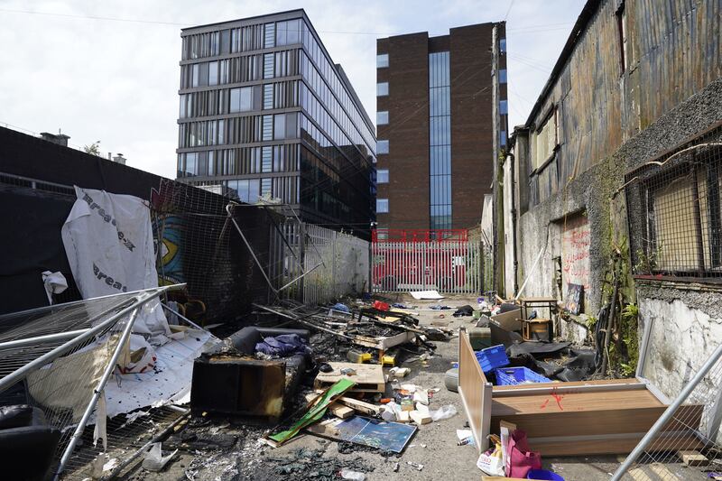 The remains of a camp on Sandwith Street, Dublin, after it was dismantled and later set alight in May last last night. Photograph: Niall Carson/PA Wire