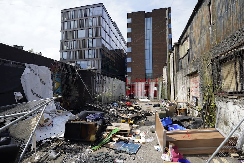 The remains of a camp in Sandwith Street, Dublin after it was attacked and set alight last May. The Irish Refugee Council has expressed concern about asylum seekers being targeted if they are left homeless. Photograph: Niall Carson/PA Wire