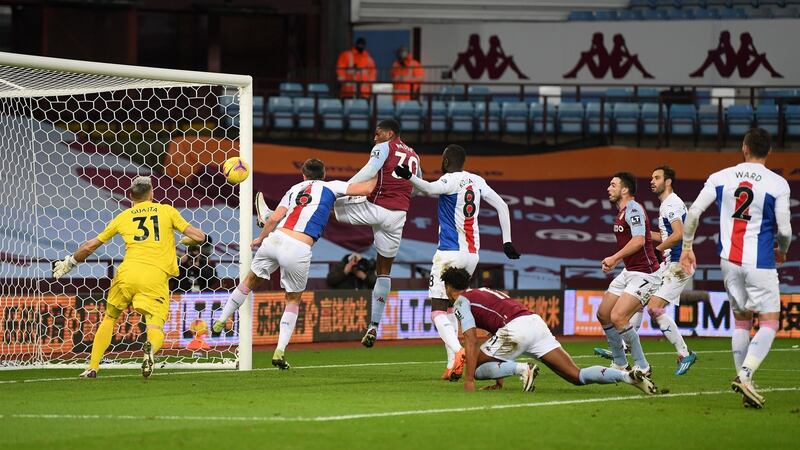 Kortney Hause scores against Crystal Palace at Villa Park. Photograph: Getty Images