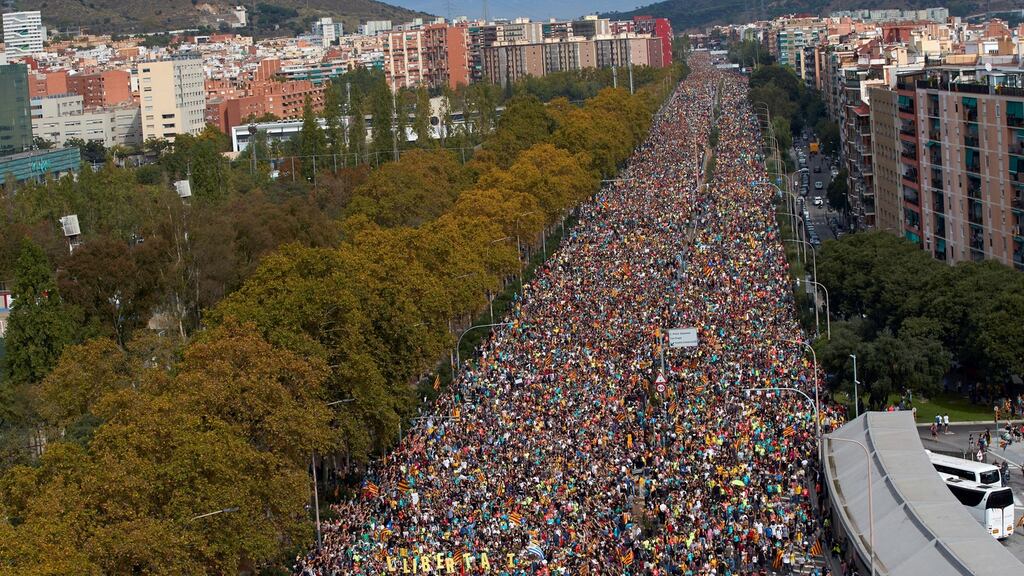 Thousands of people take part in the Marches for Freedom in Barcelona on Friday amid a wave of protests against this week’s court ruling. Photograph: EPA/Alejandro Garcia