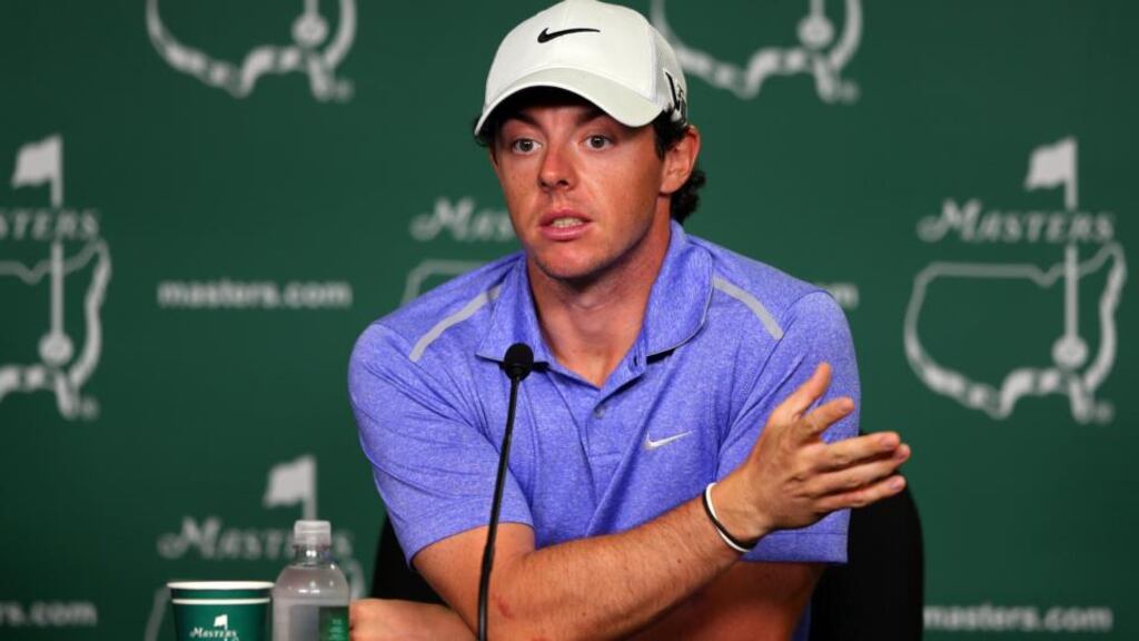 Rory McIlroy speaks to the media prior to his practice round at Augusta. Photograph: Mike Ehrmann/Getty Images