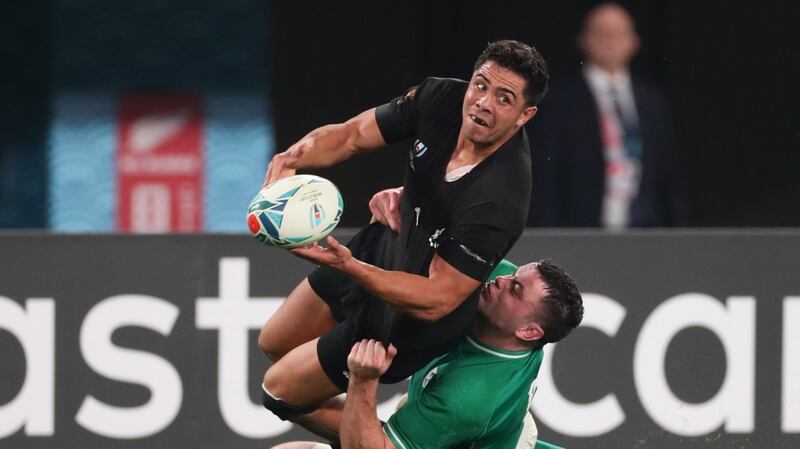 New Zealand’s Anton Lienert-Brown looks to offload as he is tackled by Ireland’s James Ryan during the Rugby World Cup quarter-final in Tokyo. Photograph: Billy Stickland/Inpho