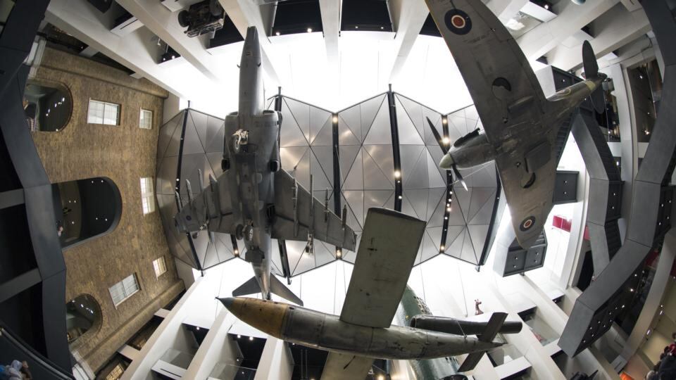Revamped: looking up in the main atrium at the Imperial War Museum in London. Photograph: Oli Scarff/Getty
