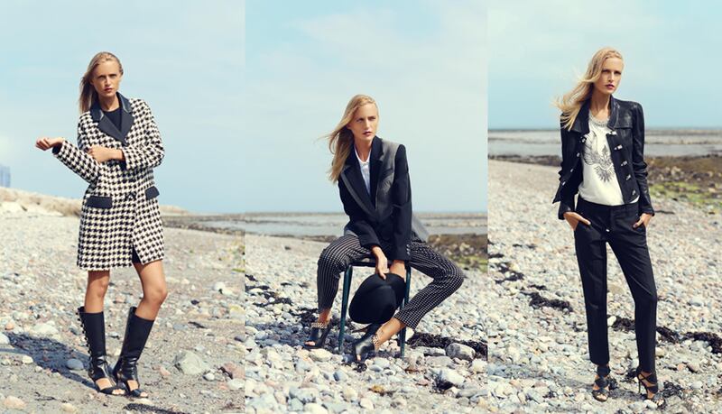 Left: Houndstooth coat, €995 Moschino Cheap and Chic at Brown Thomas; boots, €200 River Island.
Middle: Jacket, €795, trousers, €325, Moschino; shirt, €115 the Kooples at Brown Thomas; shoes, €80, hat, €29, River Island.
Right: Black leather clip closure jacket, €605; high waited pinstripe trousers, €290, Marni; beaded T-shirt €290 Dries Van Noten at Brown Thomas; shoes, €87, River Island.
