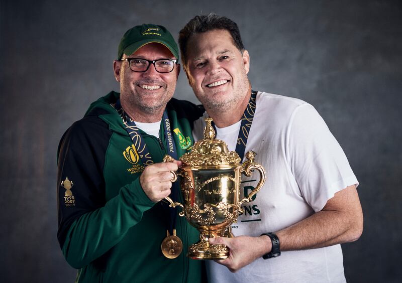 South Africa head coach Jacques Nienaber and coach Rassie Erasmus with the Webb Ellis Cup following their Rugby World Cup final win in October 2023 in Paris. Photograph: Adam Pretty/World Rugby via Getty Images