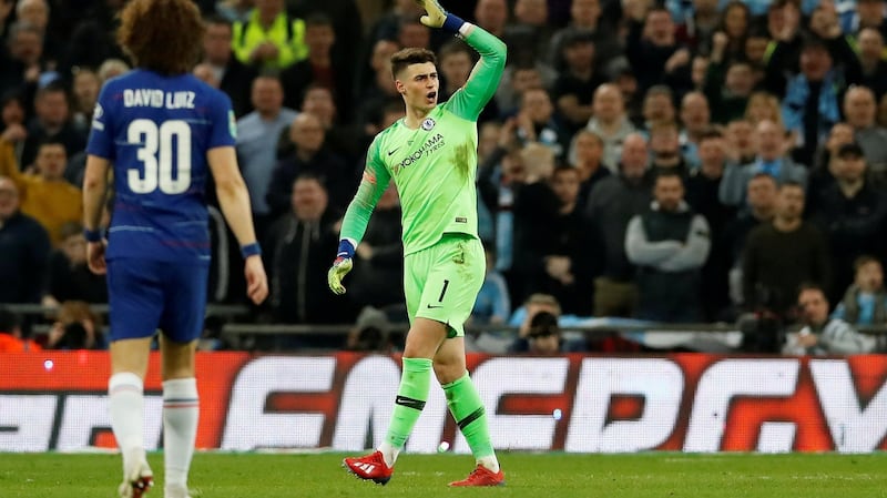 Kepa Arrizabalaga reacts after he is called to be substituted off. Photo: David Klein/Reuters