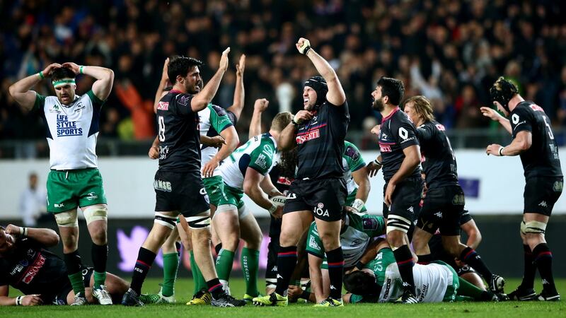 Grenoble players celebrate at the final whistle against Connacht after a nail-biting Challenge Cup quarter-final went down to the wire. Photograph: James Crombie/Inpho