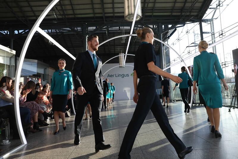 Aer Lingus cabin and ground crew pictured at the showcase of the new look Aer Lingus uniform, designed by Louise Kennedy, at CHQ building, Dublin. Photograph: Leon Farrell/Photocall Ireland