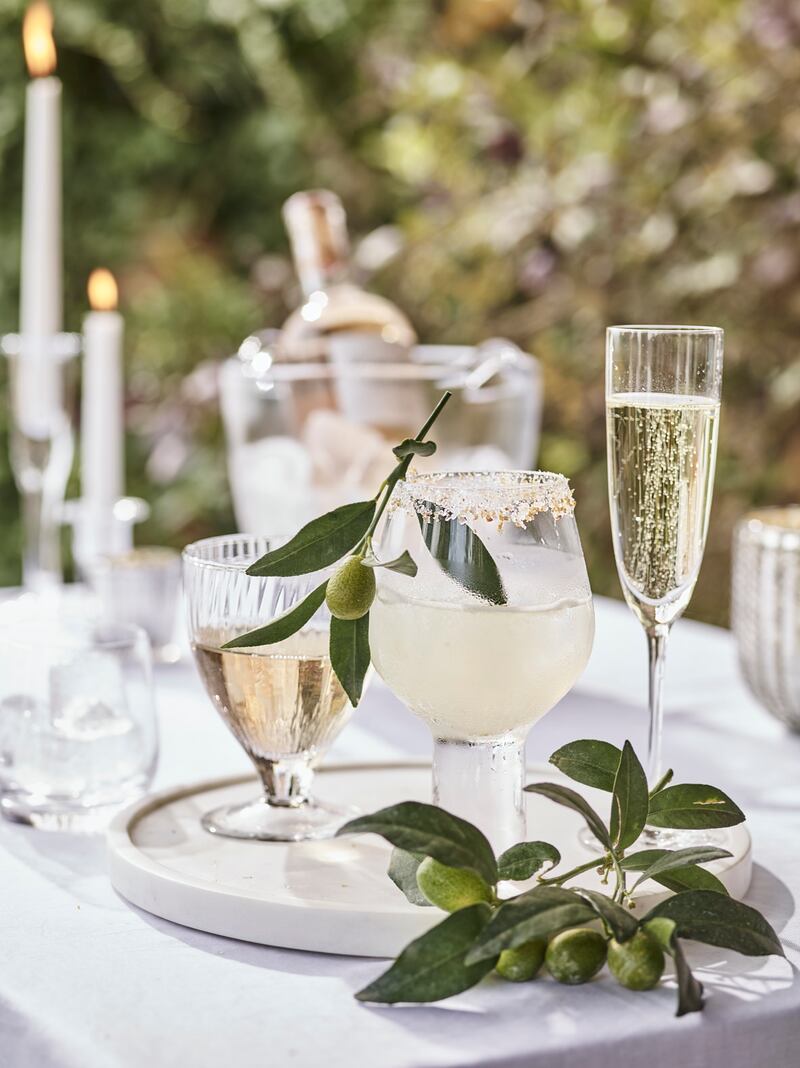 Real glass stemware: the White Company’s Halden gin goblet, centre, €45 per pair. To its right is the Belgravia flute for sparkling wines and champagne, €45 for a set of four. The Marton wine glass, also shown (left), is sold out.