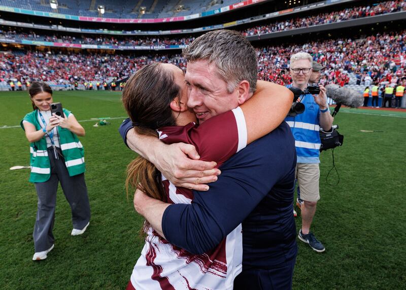 Galway manager Cathal Murray celebrates with Mairead Dillion after the game. Photograph: Ben Brady/Inpho