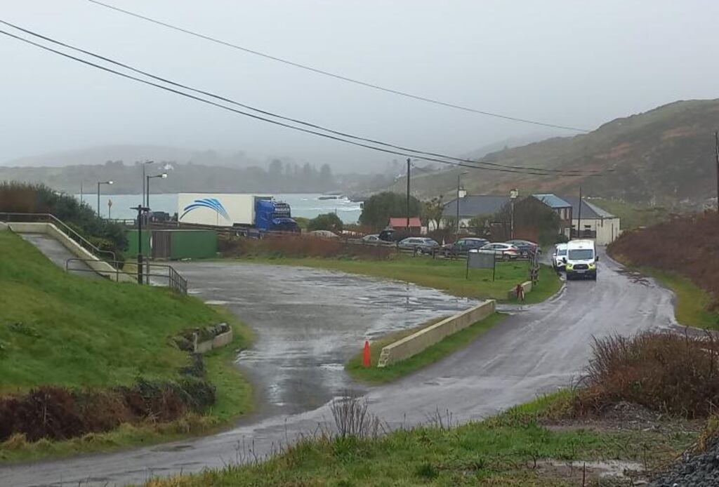 The scene at Tragumna, Co Cork, where gardaí found a rigid inflatable boat inside the trailer of a lorry that they believe drug traffickers had used to try to reach a ship offshore.