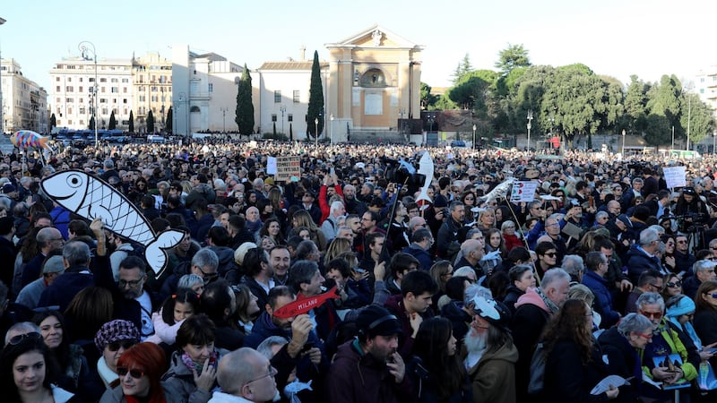 Demonstrators take part in a ‘sardines’ rally in Rome, Italy. Photograph: Marco Di Lauro/Getty Images
