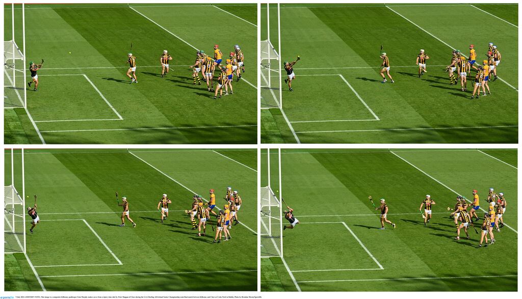 Kilkenny goalkeeper Eoin Murphy saves an injury time shot by Clare's Peter Duggan during their All-Ireland semi-final. Photograph: Brendan Moran/Sportsfile
