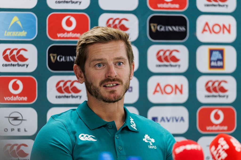 Ireland kicking coach Gareth Steenson talks to the media at a press conference at the IRFU High Performance Centre in Blanchardstown on Wednesday. Photograph: Ben Brady/Inpho