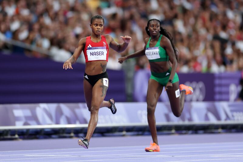 Salwa Eid Naser of Team Bahrain in action in the Women's 400m semi-final against Rhasidat Adeleke. Photograph: Michael Steele/Getty Images