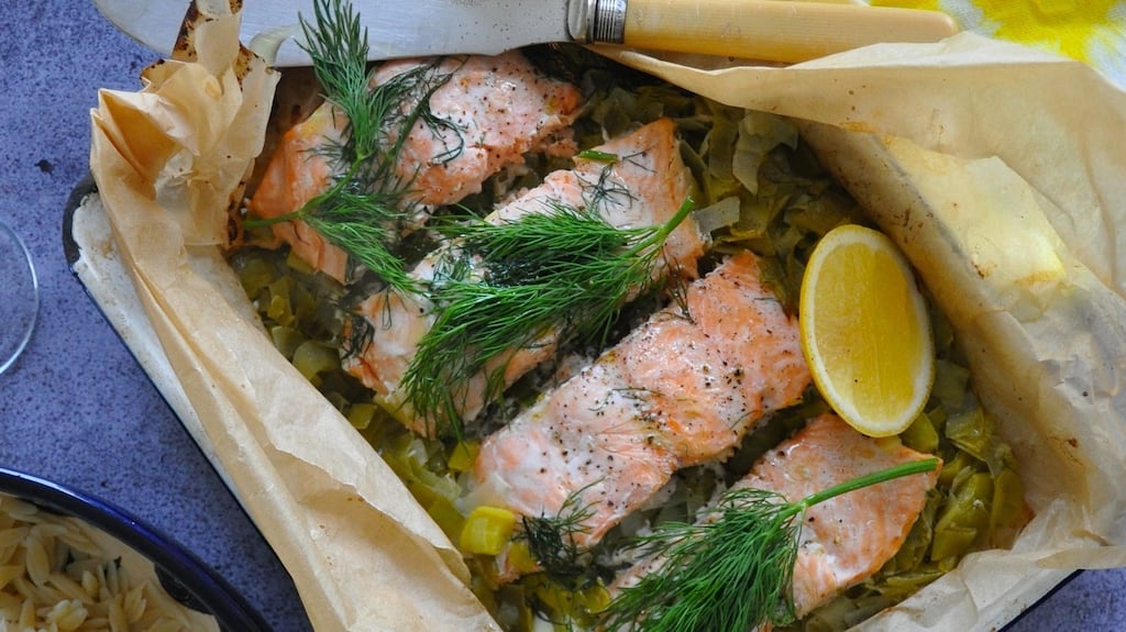 Delicious: buttered leeks, salmon and dill with orzo