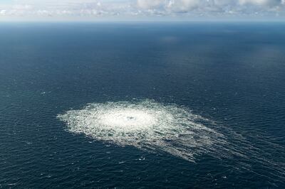 Gas bubbles reach the surface of the Baltic Sea after the Nord Stream 2 pipeline was allegedly sabotaged. Photograph: Armed Forces of Denmark