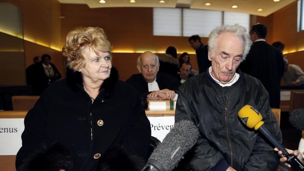 Pierre Le Guennec (right ), who is accused of receiving stolen goods after being found in possession of paintings by late Spanish artist Pablo Picasso, sits with his wife Danielle at the court in Grasse, southeastern France on Tuesday. Photograph: AFP