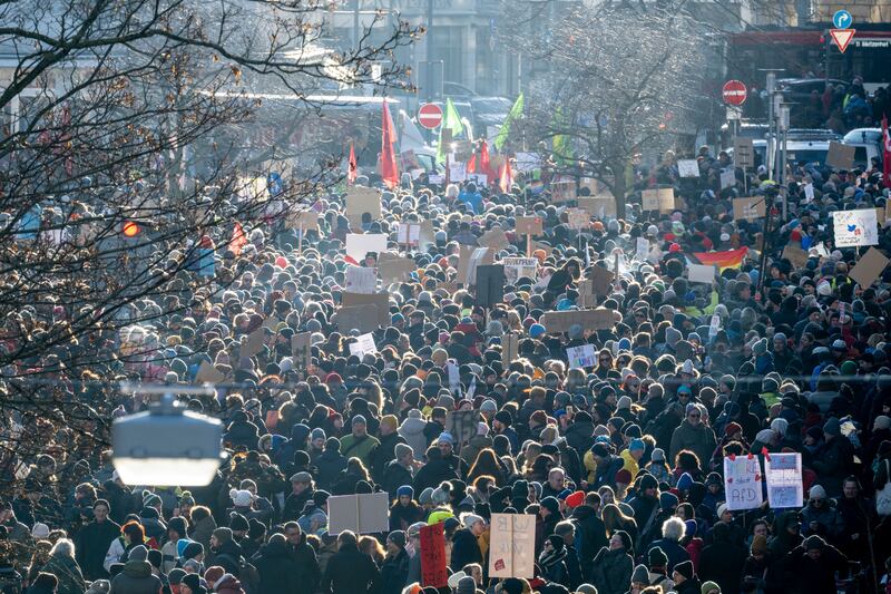 People gather at Willy-Brandt-Platz in Nuremberg to protest against far-right sentiment. Photograph: Pia Bayer/dpa via AP