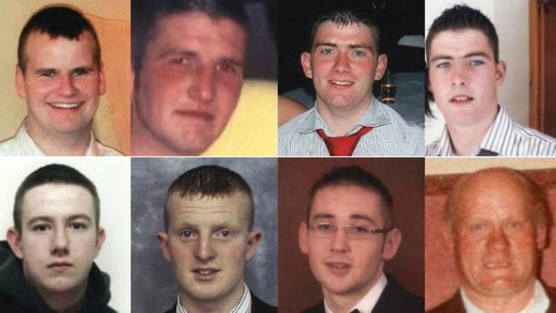 Those who died in the Inishowen crash on July 11th, 2010, were (clockwise from top left), Daniel McLaughlin, James McEleney, Eamonn McDaid, PJ McLaughlin, Hugh Friel, Ciaran Sweeney, Paul Doherty and Mark McLaughlin.