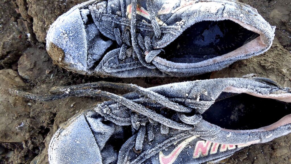 Maya Rostam (aged 12 at the time) took a picture of the sneakers she wore when her family walked from Syria to Iraq to escape the war.  Credit: Maya Rostam / Reza Visual Academy