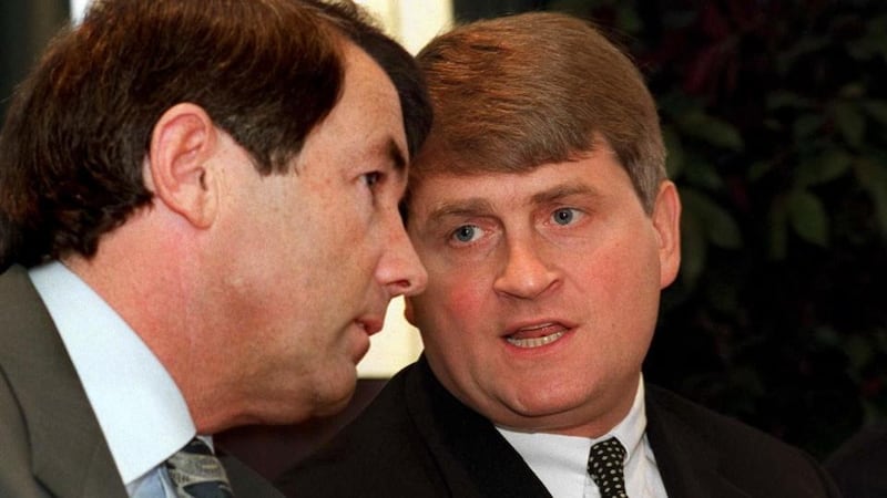 Paradise Papers: Michael Lowry and Denis O’Brien the day after the minister signed Esat Digifone’s licence, in May 1996. Photograph: Moya Nolan