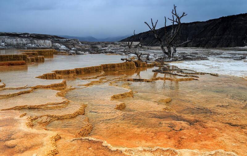 Mammoth Terraces is a scenic spot of mineral-encrusted hot springs bubbling from a hillside. Photograph: Alamy/PA