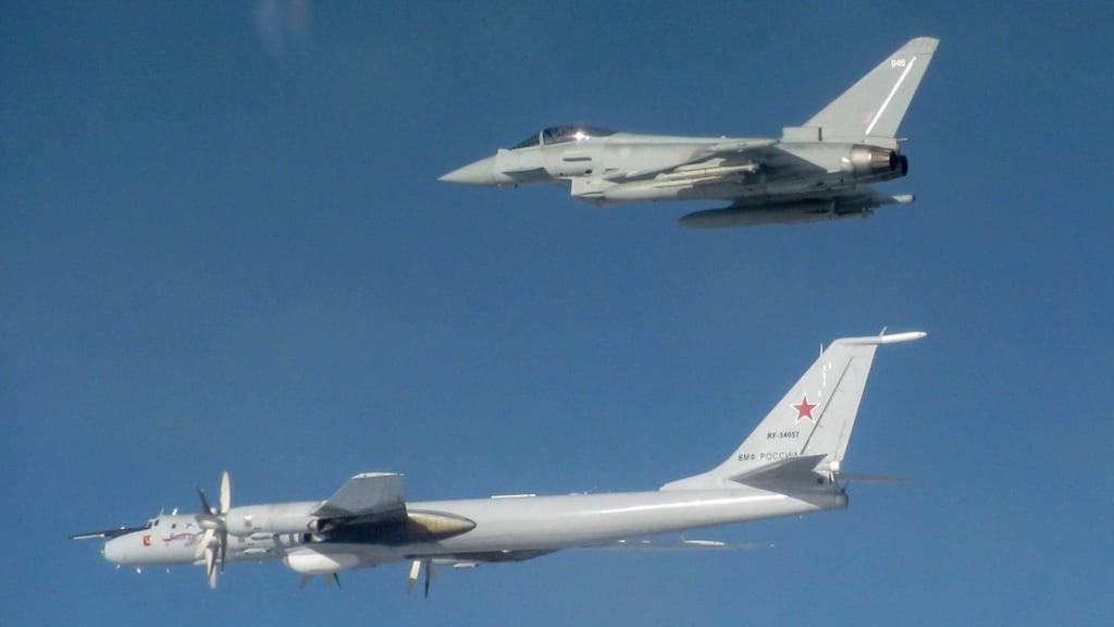 Six RAF Typhoons headed towards counties Derry and Donegal to intercept these Russian Tupolev aircraft on March 7th, forcing them to alter course. Photograph: RAF/PA Wire