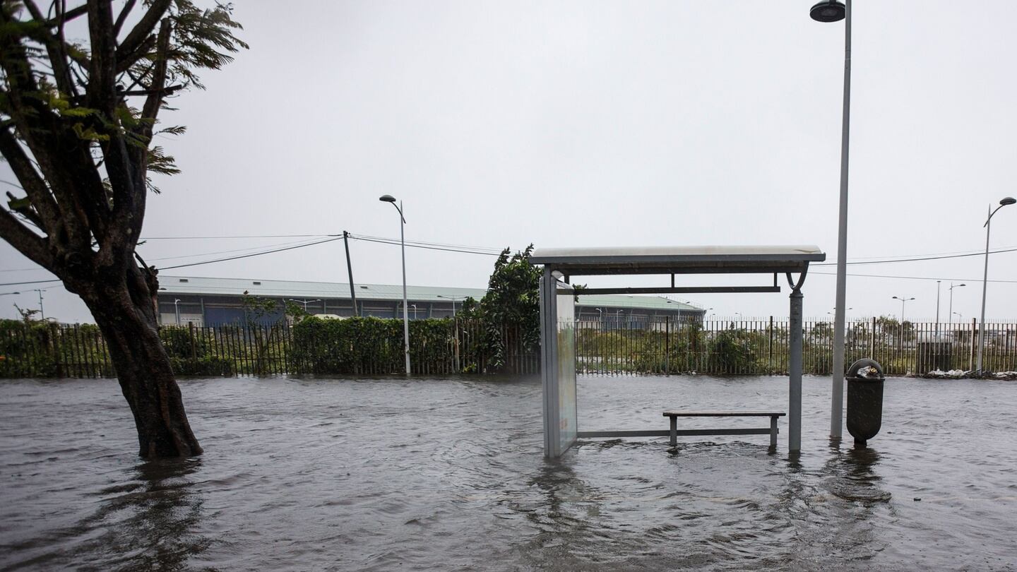 A flooded road and a bus stop are pictured  in downtown Pointe-à-Pitre  in the French territory of Guadeloupe, after the passage of Hurricane Maria. Photograph: Cedrick Isham Calvados/AFP/Getty Images