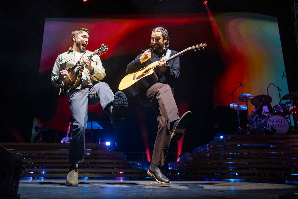 Noah Kahan performing with band member Dylan Jones at the 3Arena, Dublin. Photograph: Tom Honan