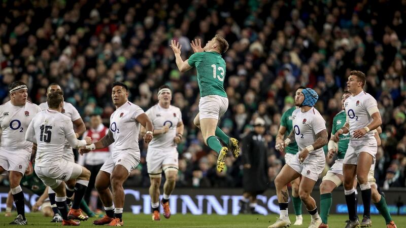 Ireland’s Garry Ringrose goes up for a high ball during the Six Nations game against England at the Aviva stadium. Photograph: Dan Sheridan/Inpho