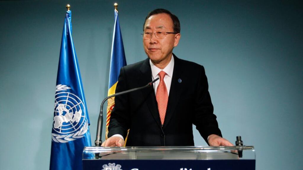United Nations Secretary-General Ban Ki-moon speaking at a news conference in Andorra today. Photograph: Albert Gea/Reuters