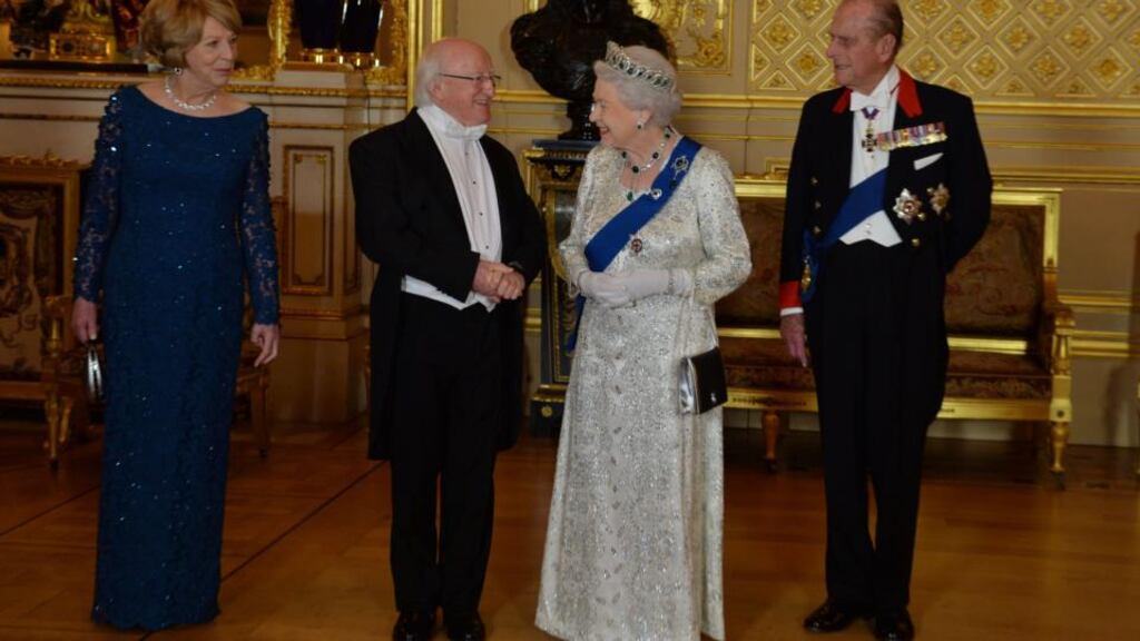 President Michael D  Higgins and his wife Sabina with Queen Elizabeth and Prince Philip before the banquet  at Windsor Castle. Photograph: Alan Betson.
