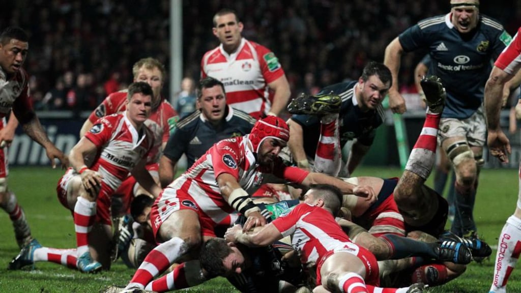 Munster’s Peter O’Mahony scores his side’s second try during the Heineken Cup, Pool Six match at Kingsholm. Photo: David Davies/PA